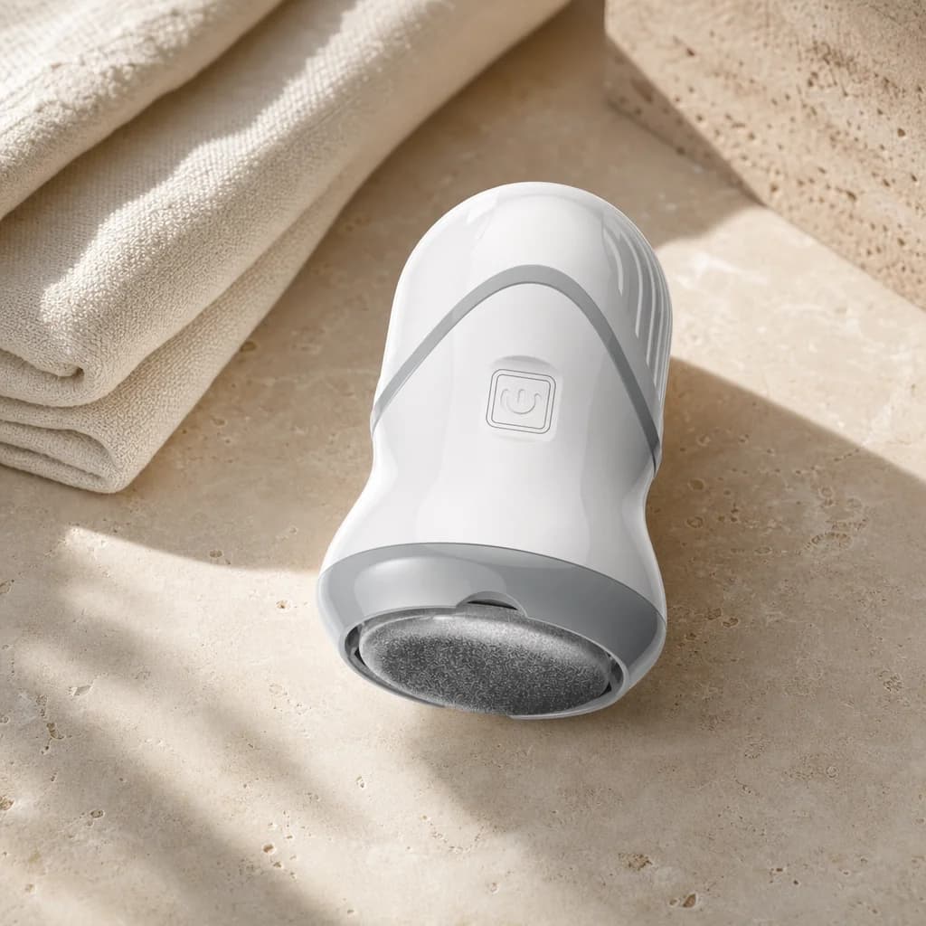 SmoothVac beside folded cream towels on travertine